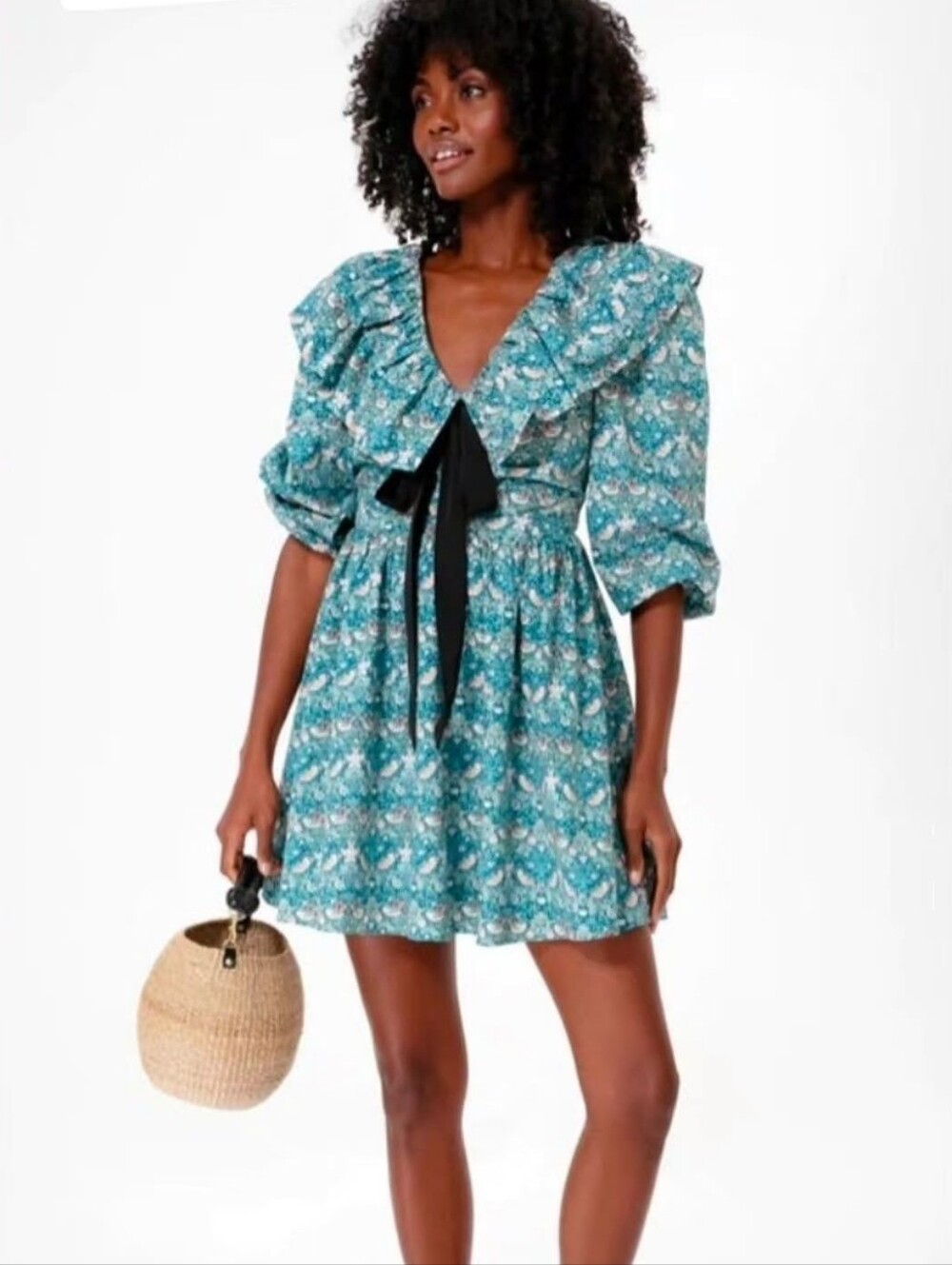 Tuckernuck Teal Floral Ruffle Mini Dress with Black Tie